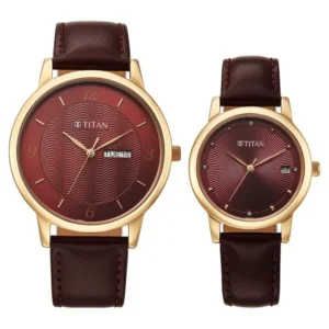 Titan Bandhan Eternal Pair Analog with Date and Maroon Dial Maroon Leather Strap Watch for Couples - TITAN 19672967WL01