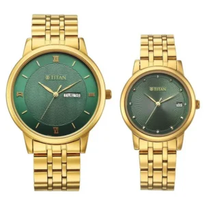 Titan Bandhan Eternal Pair Analog with Date and Green Dial Yellow Gold Stainless Steel Strap Watch for Couples - TITAN 19672967YM01