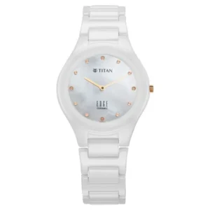Titan Edge Ceramic Quartz in Arctic White with Diamonds and Rich Mother Of Pearl Dial Watch for Women - TITAN 2653KC03