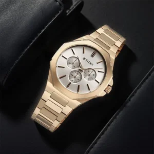 Titan Classic Slim Multifunction Multifunction Silver Dial Carnation Gold Stainless Steel Strap Watch For Men - TITAN 90198WM01