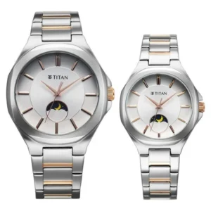 Titan Bandhan Quartz Analog Sun-Moon Silver Dial Two Toned Stainless Steel Strap Watch For Couple - TITAN 9400994209KM01