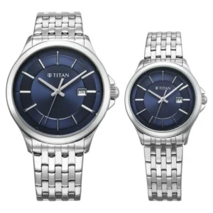 Titan Bandhan Quartz Analog with Date Blue Dial Silver Stainless Steel Strap Watch For Couple - TITAN 9401194211SM01