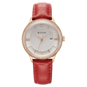 Titan Bright Leathers Silver Dial Analog with Date Red Leather Strap Watch for Women - TITAN 95247WL01