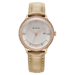 Titan Bright Leathers Silver Dial Analog with Date Leather Strap Watch for Women - TITAN 95247WL04
