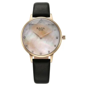 Titan Raga Showstopper Quartz Analog Mother Of Pearl Round Dial Black Leather Strap Watch For Women - TITAN 95274WL02