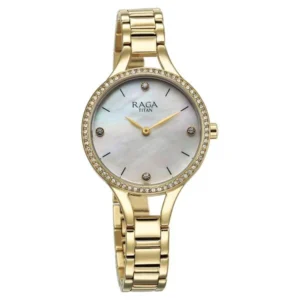 Titan Raga Showstopper Quartz Analog Mother Of Pearl Round Dial Golden Metal Strap Watch For Women - TITAN 95275YM01
