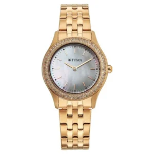 Titan Glamour Quartz Analog White Mother Of Pearl Dial Rose Gold Stainless Steel Strap Watch For Women - TITAN 95335WM01