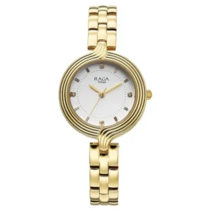 Titan Raga Showstopper Quartz Analog White Dial Rose Gold Metal Strap Watch For Women - TITAN 95346YM01
