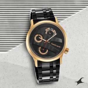 Fastrack Exuberant Quartz Analog Watch for Guys with Black Dial & Black Metal Strap – 3281KM01