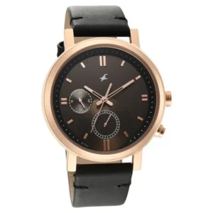 Fastrack Tick Tock Quartz Multifunction Brown Dial Black Leather Strap Watch for Guys – 3287WL02