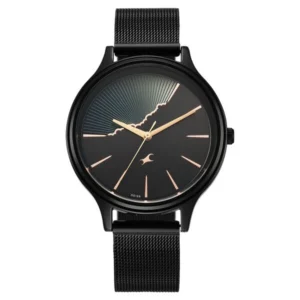 Fastrack Style Up Quartz Analog Watch for Girls Black Dial Black Stainless Steel Strap | 6207NM02