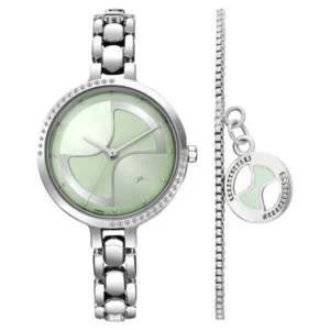 Fastrack Pulse Quartz Analog Watch for Girls Green Dial Silver Metal Strap | 6311SM01F