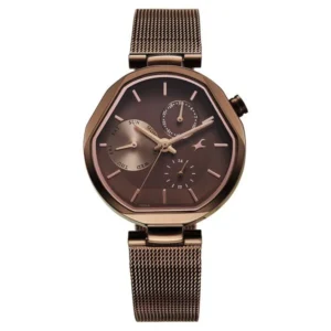 Fastrack Tick Tock Quartz Multifunction Watch for Girls Brown Dial Brown Stainless Steel Mesh Strap | 6319QM01