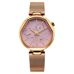 Fastrack Tick Tock Quartz Multifunction Watch for Girls Pink Dial Rose Gold Stainless Steel Strap | 6319WM01
