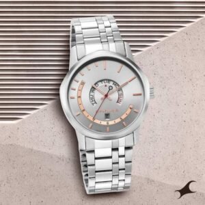 Fastrack Exuberant Quartz Analog Silver Dial Silver Metal Strap Watch with Day & Date for Guys – 3279SM01