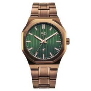 Vyb Pioneer by Fastrack Quartz Analog Green Dial Brown Stainless Steel Strap Watch for Guys – FV30055QM01W